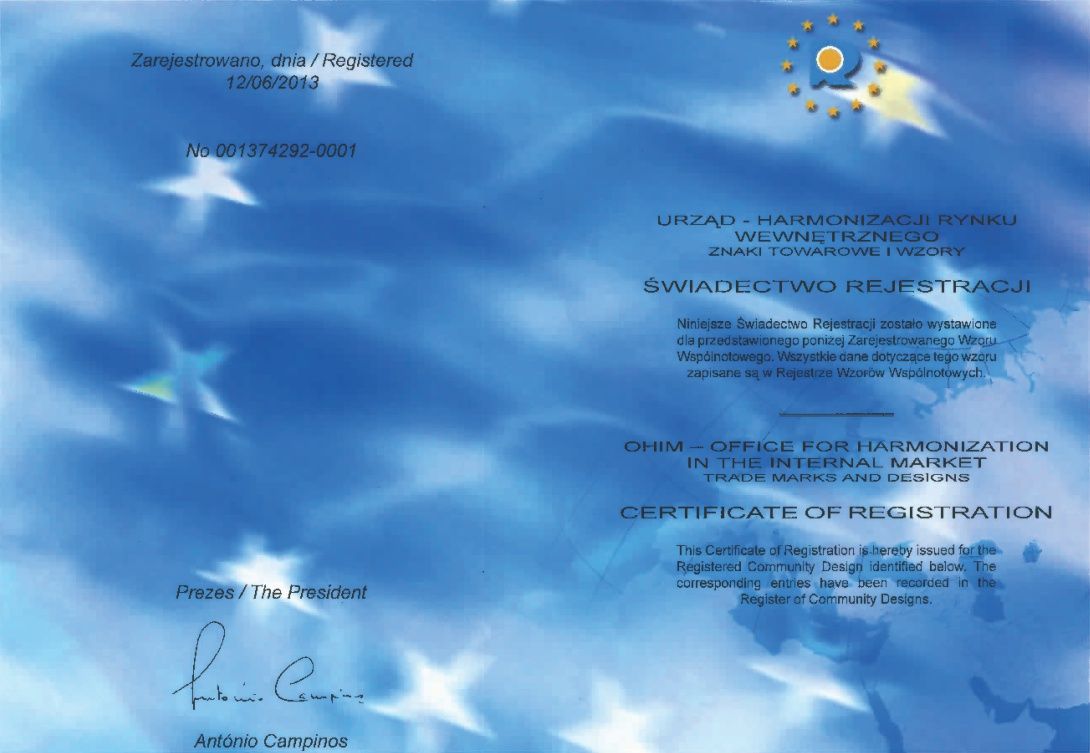 certyfikat wzoru przemysłowego z logo urzędu harmonizacji