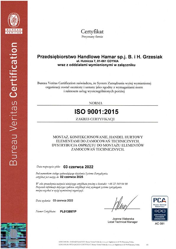 dokument certyfikatu ISO firmy Hamar