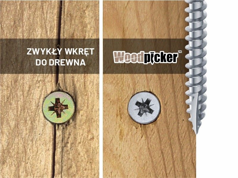 Wkręty Woodpicker™ z łbem stożkowym do konstrukcji drewnianych, gwint pełny